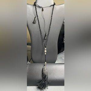 Zacasha 30-40” Faceted Glass Black Bead Necklace 8” Tassel Freshwater Pearl Bali